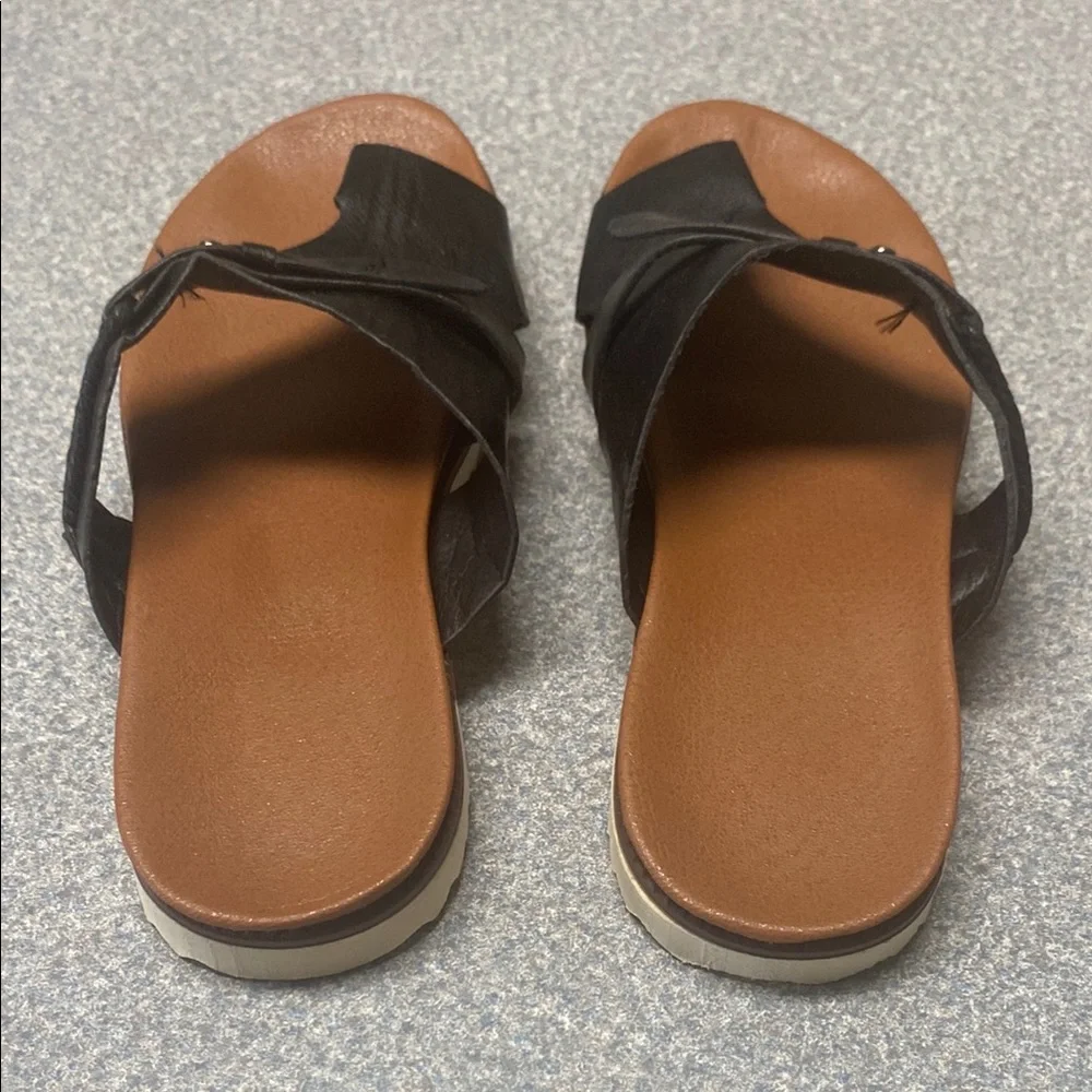 Black and Brown Slide Sandals with Buckle Details